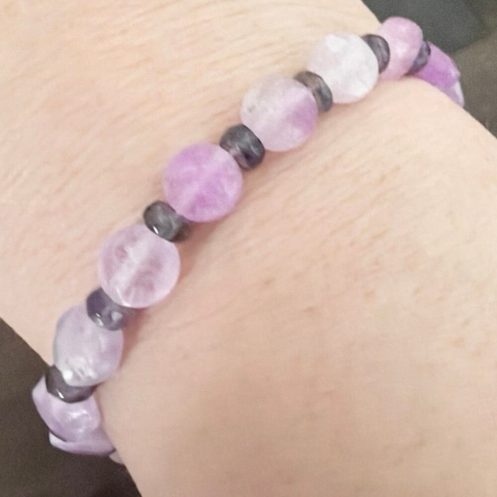 Second Bloom Studio Artisan Rose Quartz Iolite Stretch Bracelet 6.75" Pink Blue - Picture 2 of 4